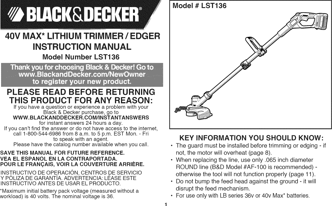 Black & Decker LST136 TYPE 2 User Manual TRIMMER Manuals And Guides ...