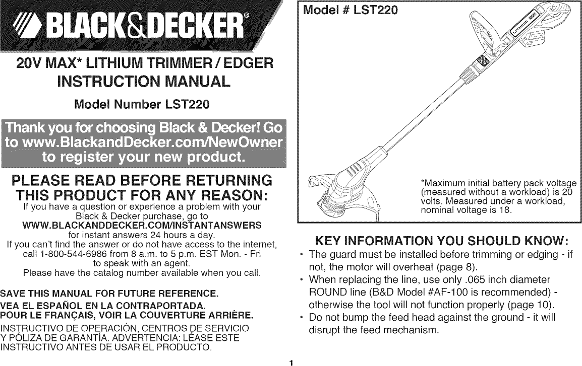 Black & Decker LST220 TYPE 1 User Manual TRIMMER Manuals And Guides ...