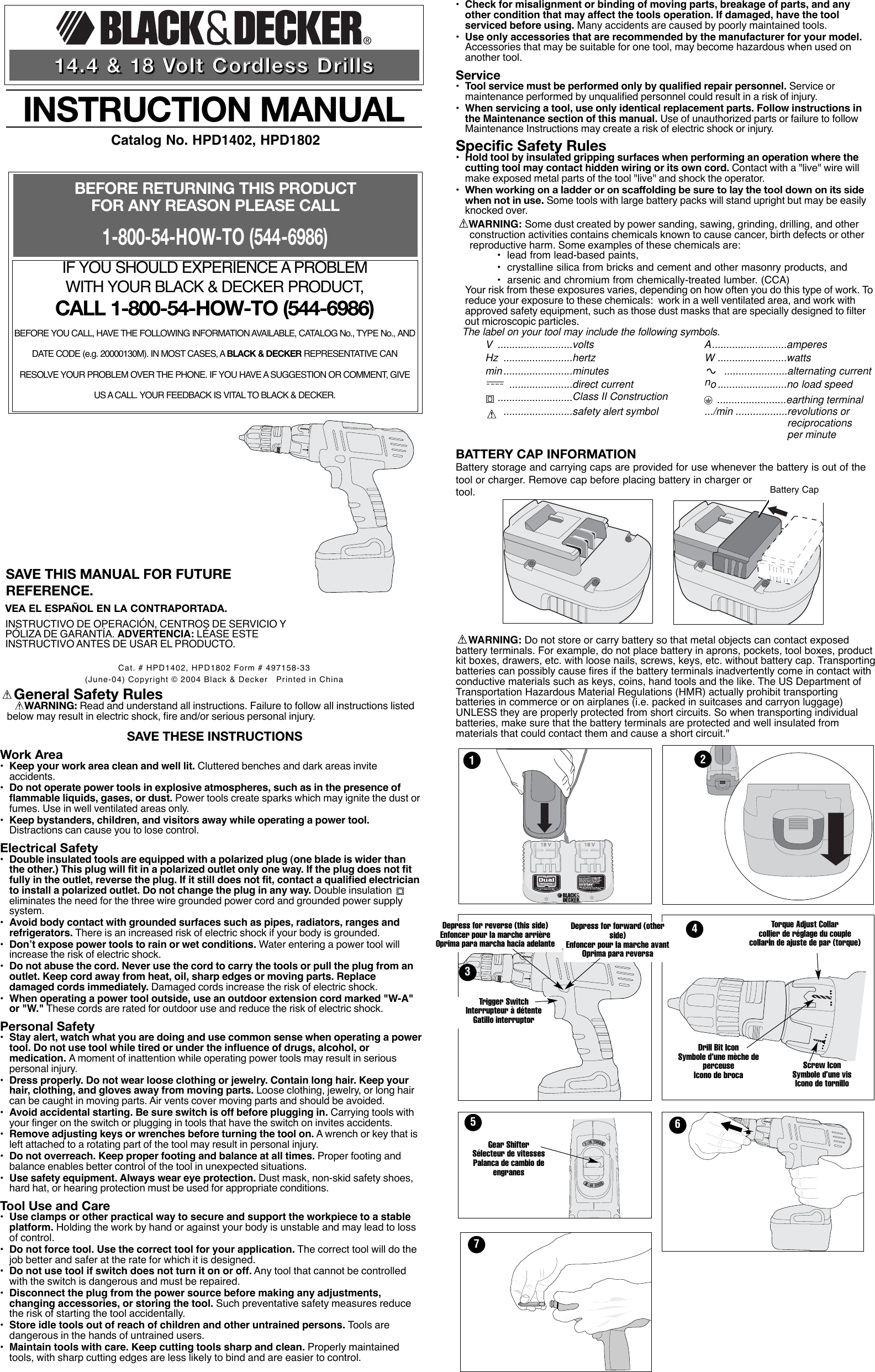 Page 1 of 6 - Black-And-Decker Black-And-Decker-497158-33-Instruction-Manual- 497158-33-00 HPD1402 HPD1802  Black-and-decker-497158-33-instruction-manual