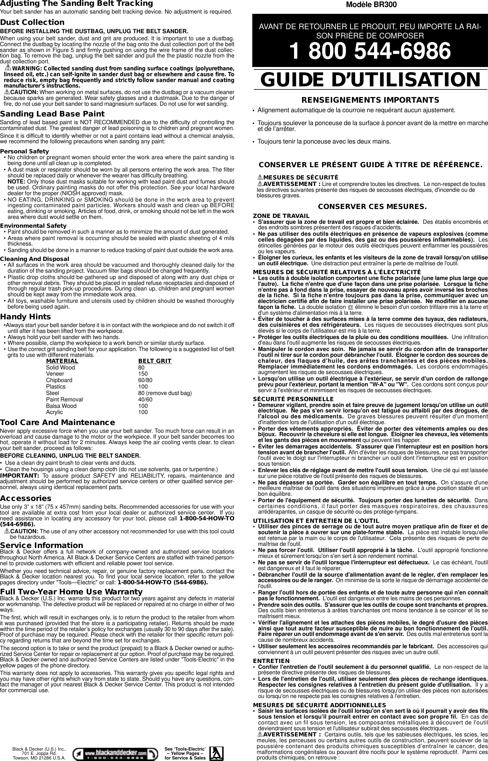 Black And Decker 607527 00 Instruction Manual BR300 Belt Sander