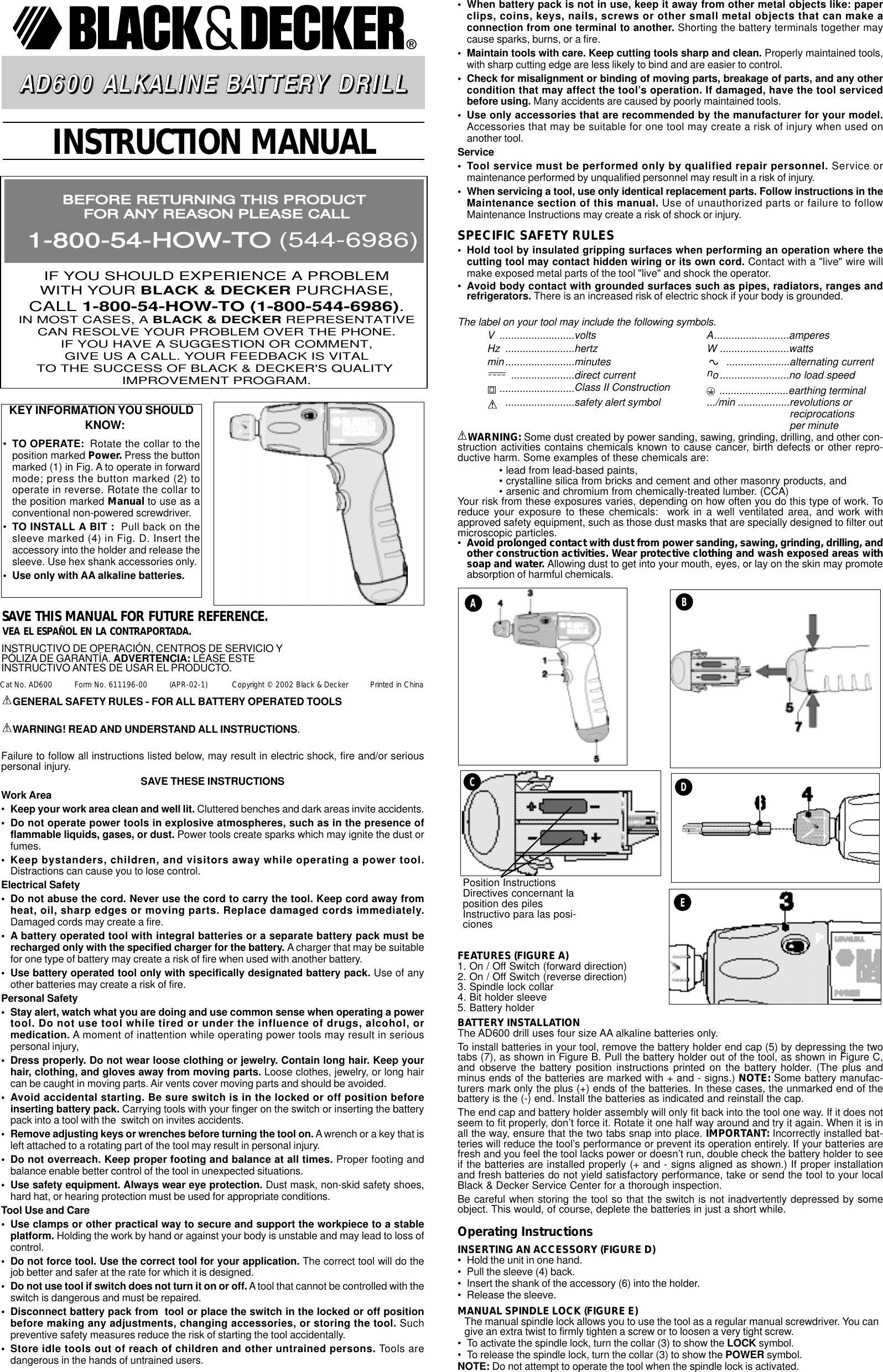 Black And Decker 611196 00 Instruction Manual AD600 Drill