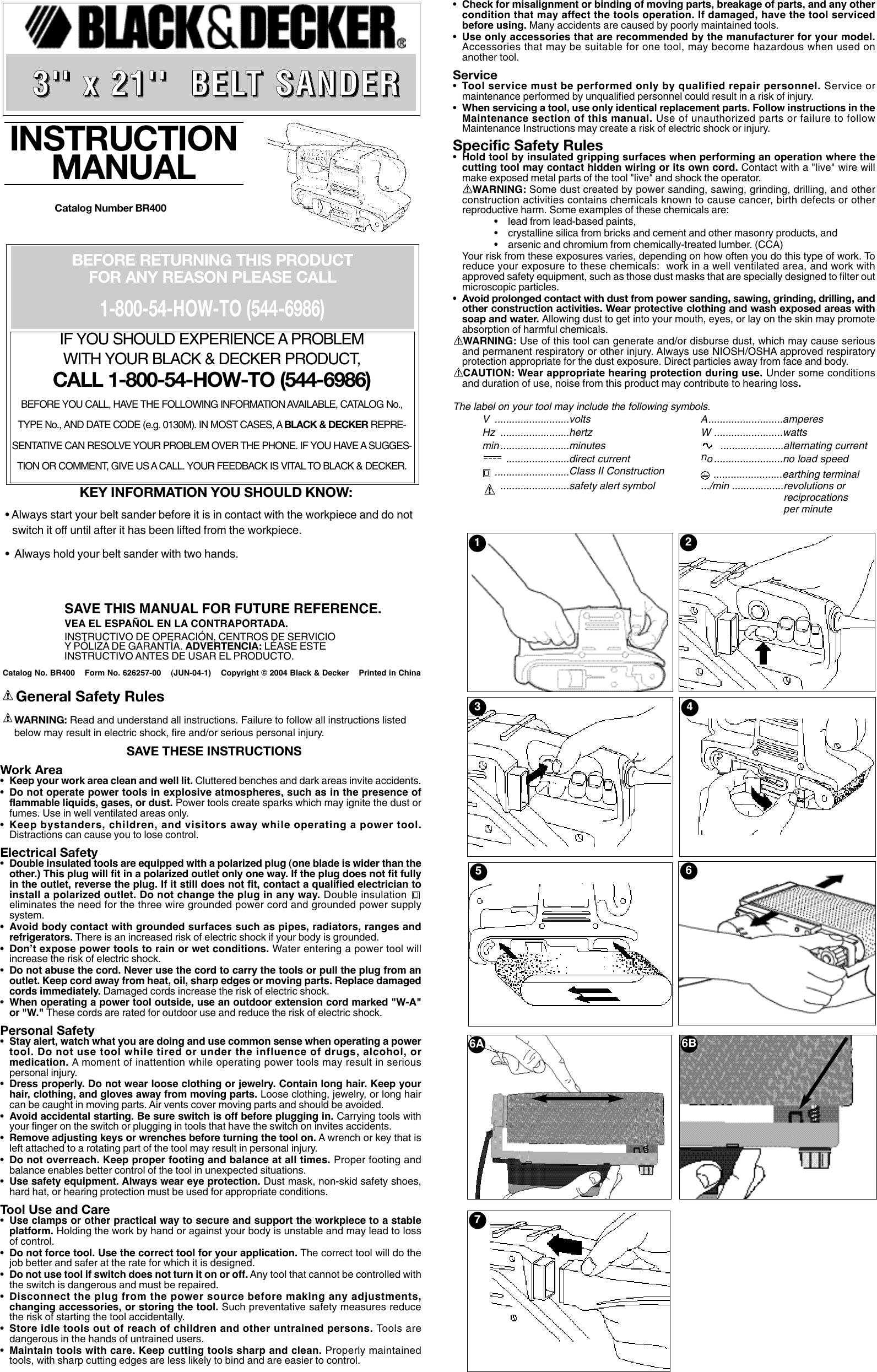 Black And Decker 626257 00 Instruction Manual Print 622392 BR400 Belt ...