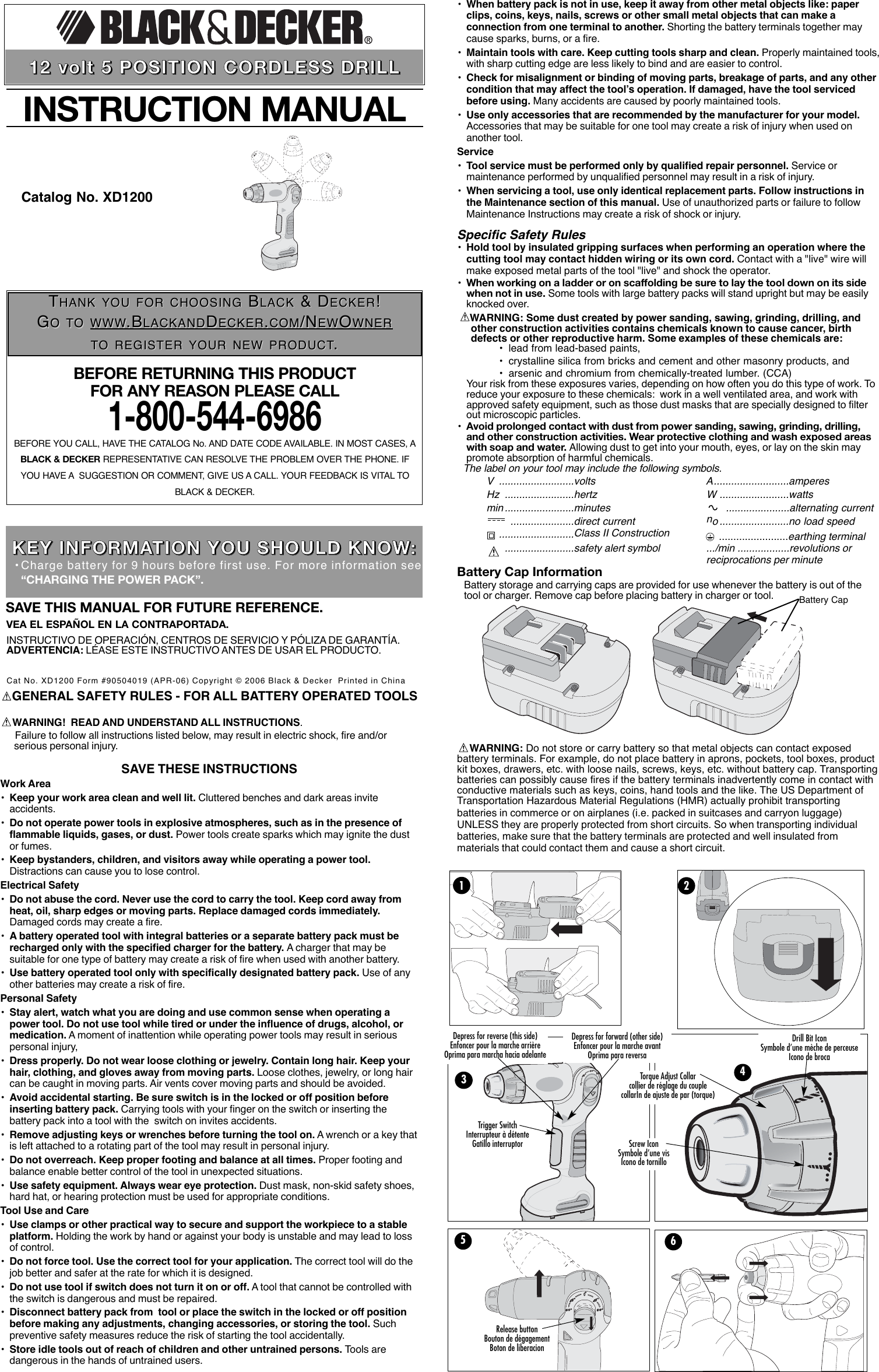 Black And Decker 90504019 Instruction Manual XD1200 Drill W o Keyl