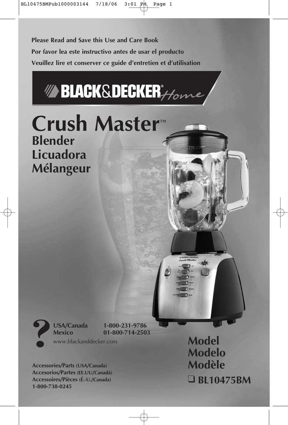 BLACK & DECKER CRUSH MASTER BL10475BM USE AND CARE BOOK MANUAL Pdf Download