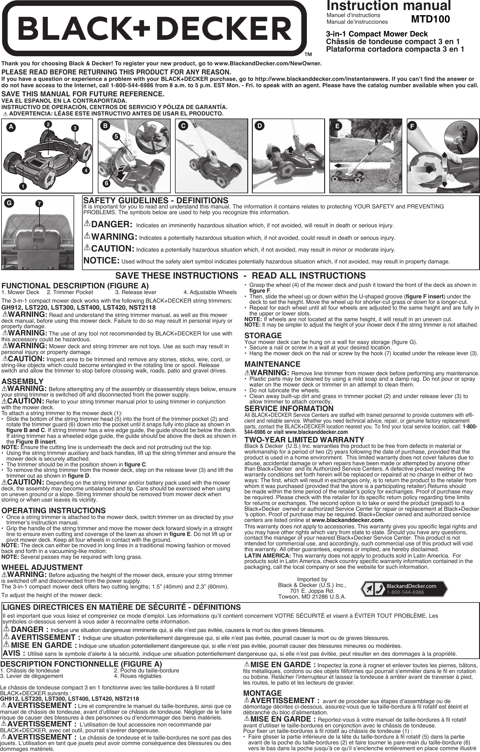 Page 1 of 2 - Black-And-Decker Black-And-Decker-Black-And-Decker-Detachable-Mower-Deck-Mtd100-Users-Manual-  Black-and-decker-black-and-decker-detachable-mower-deck-mtd100-users-manual