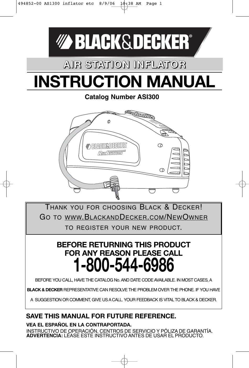 Black And Decker Inflator Asi300 Users Manual 494852 00 AS1300 Etc