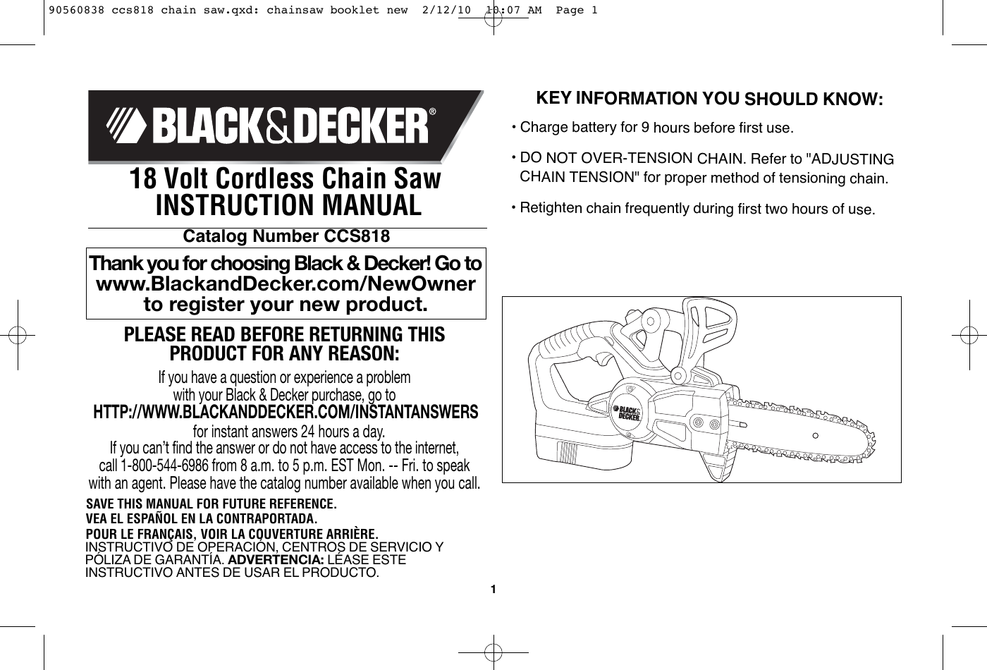Black And Decker Ccs818 Users Manual 90560838 Chain Saw
