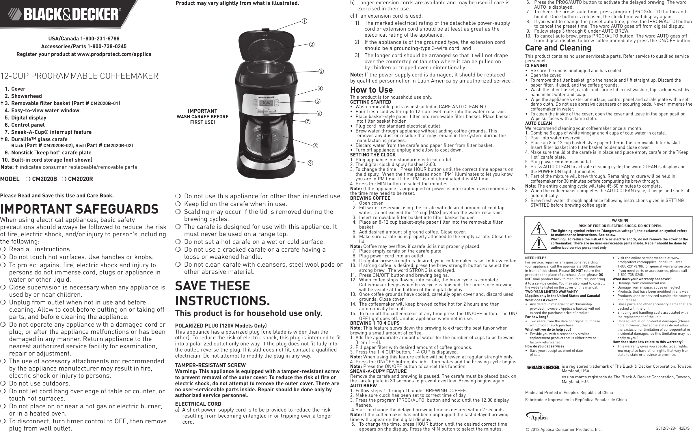 Page 1 of 2 - Black-And-Decker Black-And-Decker-Cm2020B-Use-And-Care-Manual-  Black-and-decker-cm2020b-use-and-care-manual