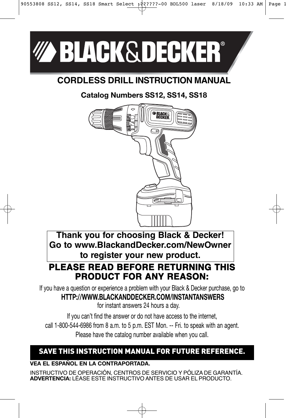 Black And Decker Cordless Drill Ss12C Instruction Manual 90553808