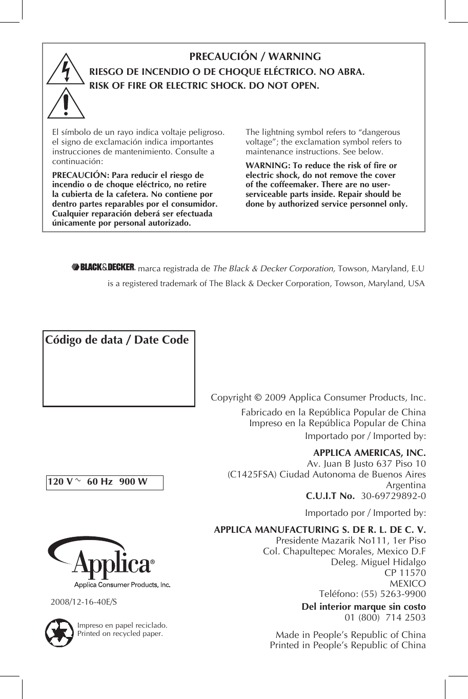 Page 11 of 11 - Black-And-Decker Black-And-Decker-Dcm1100B-Dcm1100W-Use-And-Care-Manual-  Black-and-decker-dcm1100b-dcm1100w-use-and-care-manual