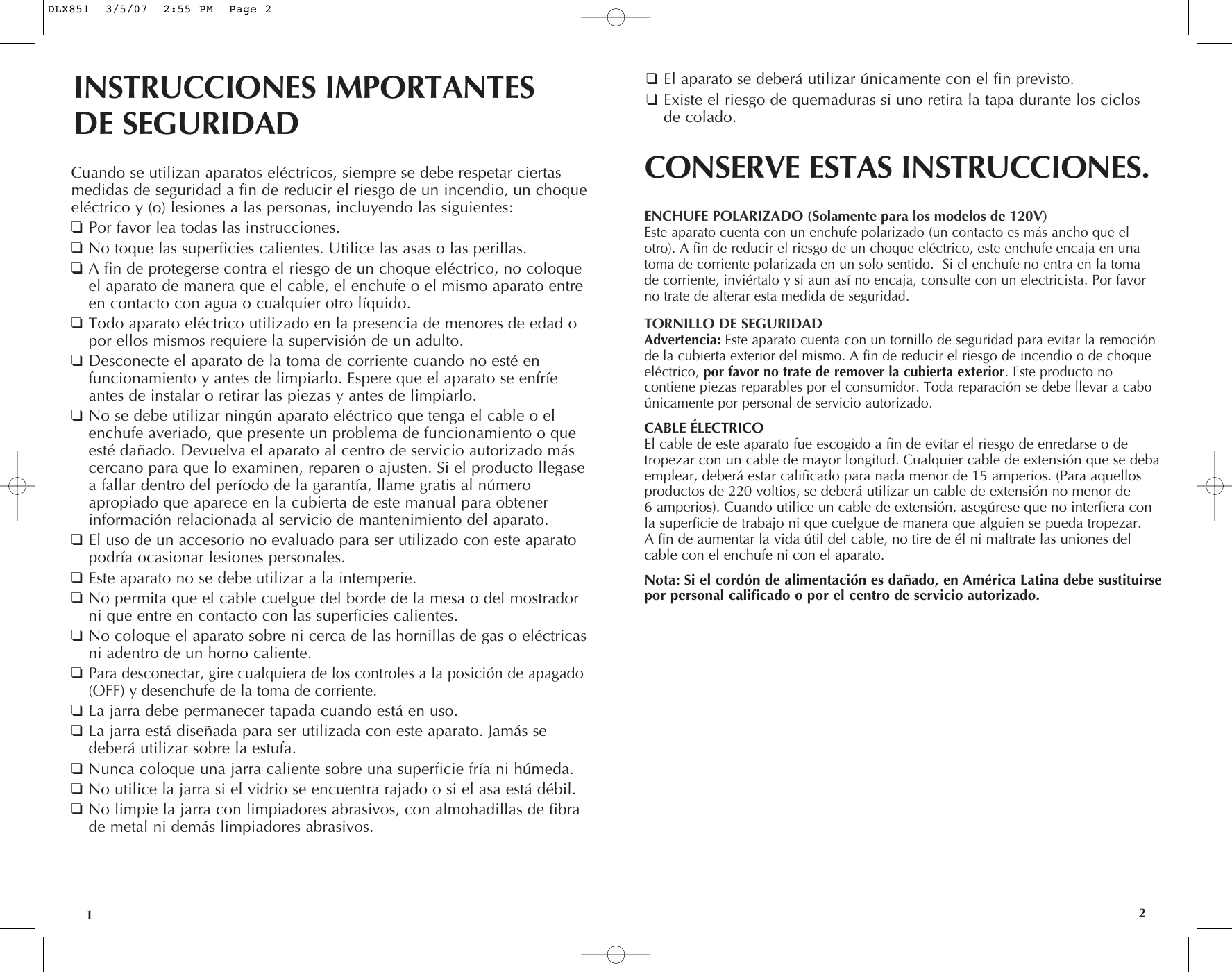 Page 2 of 11 - Black-And-Decker Black-And-Decker-Dlx851-Dlx851B-Use-And-Care-Manual-  Black-and-decker-dlx851-dlx851b-use-and-care-manual