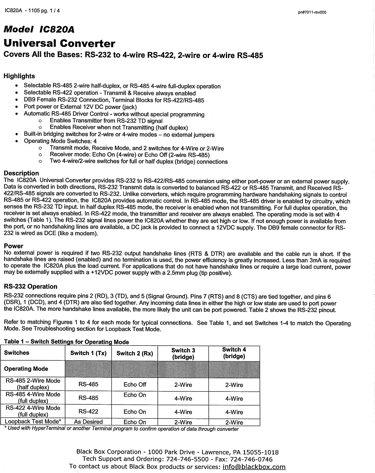 Page 1 of 4 - Black-Box Black-Box-Black-Box-Network-Hardware-Ic820A-Users-Manual- Black-box-black-box-network-hardware-ic820a-users-manual