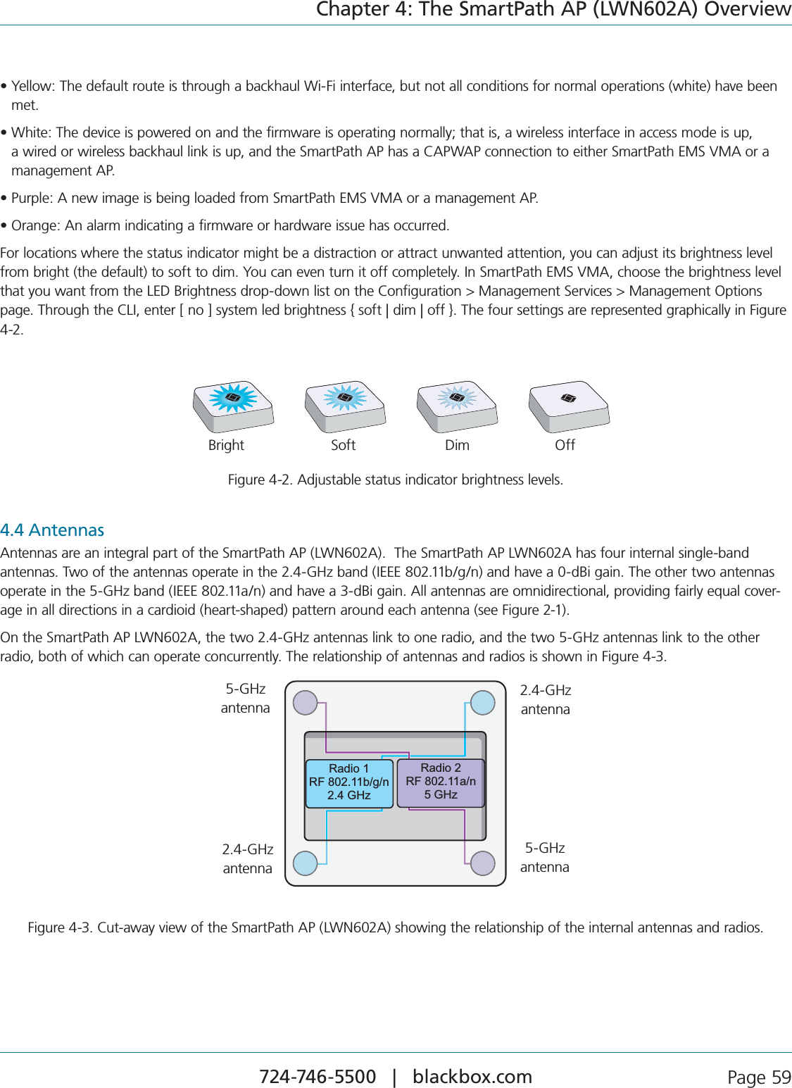 724-746-5500   |   blackbox.com  Page 59Chapter 4: The SmartPath AP (LWN602A) Overviews9ELLOW4HEDEFAULTROUTEISTHROUGHABACKHAUL7I&amp;IINTERFACEBUTNOTALLCONDITIONSFORNORMALOPERATIONSWHITEHAVEBEENmet.s7HITE4HEDEVICEISPOWEREDONANDTHEFIRMWAREISOPERATINGNORMALLYTHATISAWIRELESSINTERFACEINACCESSMODEISUP AWIREDORWIRELESSBACKHAULLINKISUPANDTHE3MART0ATH!0HASA#!07!0CONNECTIONTOEITHER3MART0ATH%-36-!ORA management AP.s0URPLE!NEWIMAGEISBEINGLOADEDFROM3MART0ATH%-36-!ORAMANAGEMENT!0s/RANGE!NALARMINDICATINGAFIRMWAREORHARDWAREISSUEHASOCCURREDFor locations where the status indicator might be a distraction or attract unwanted attention, you can adjust its brightness level FROMBRIGHTTHEDEFAULTTOSOFTTODIM9OUCANEVENTURNITOFFCOMPLETELY)N3MART0ATH%-36-!CHOOSETHEBRIGHTNESSLEVELthat you want from the LED Brightness drop-down list on the Configuration &gt; Management Services &gt; Management Options page. Through the CLI, enter [ no ] system led brightness { soft | dim | off }. The four settings are represented graphically in Figure 4-2.Bright Soft Dim OffBright        Soft          Dim          OffFigure 4-2. Adjustable status indicator brightness levels.4.4 AntennasAntennas are an integral part of the SmartPath AP (LWN602A).  The SmartPath AP LWN602A has four internal single-band ANTENNAS4WOOFTHEANTENNASOPERATEINTHE&apos;(ZBAND)%%%BGNANDHAVEAD&quot;IGAIN4HEOTHERTWOANTENNASOPERATEINTHE&apos;(ZBAND)%%%ANANDHAVEAD&quot;IGAIN!LLANTENNASAREOMNIDIRECTIONALPROVIDINGFAIRLYEQUALCOVER-age in all directions in a cardioid (heart-shaped) pattern around each antenna (see Figure 2-1).On the SmartPath AP LWN602A, the two 2.4-GHz antennas link to one radio, and the two 5-GHz antennas link to the other radio, both of which can operate concurrently. The relationship of antennas and radios is shown in Figure 4-3.Radio 1RF 802.11b/g/n2.4 GHzRadio 2RF 802.11a/n5 GHz5 GHzAntenna5 GHzAntenna2.4 GHzAntenna2.4 GHzAntenna5-GHz antenna2.4-GHz antenna2.4-GHz antenna5-GHz antennaFigure 4-3. Cut-away view of the SmartPath AP (LWN602A) showing the relationship of the internal antennas and radios.