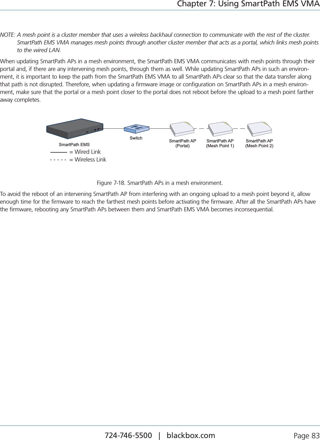 724-746-5500   |   blackbox.com  Page 83Chapter 7: Using SmartPath EMS VMANOTE:  A mesh point is a cluster member that uses a wireless backhaul connection to communicate with the rest of the cluster. SmartPath EMS VMA manages mesh points through another cluster member that acts as a portal, which links mesh points to the wired LAN.7HENUPDATING3MART0ATH!0SINAMESHENVIRONMENTTHE3MART0ATH%-36-!COMMUNICATESWITHMESHPOINTSTHROUGHTHEIRportal and, if there are any intervening mesh points, through them as well. While updating SmartPath APs in such an environ-MENTITISIMPORTANTTOKEEPTHEPATHFROMTHE3MART0ATH%-36-!TOALL3MART0ATH!0SCLEARSOTHATTHEDATATRANSFERALONGthat path is not disrupted. Therefore, when updating a firmware image or configuration on SmartPath APs in a mesh environ-ment, make sure that the portal or a mesh point closer to the portal does not reboot before the upload to a mesh point farther away completes.Switch SmartPath AP(Portal)SmartPath AP(Mesh Point 1)SmartPath AP(Mesh Point 2)SmartPath EMS  = Wired Link  - - - - -  = Wireless LinkFigure 7-18. SmartPath APs in a mesh environment.To avoid the reboot of an intervening SmartPath AP from interfering with an ongoing upload to a mesh point beyond it, allow enough time for the firmware to reach the farthest mesh points before activating the firmware. After all the SmartPath APs have THEFIRMWAREREBOOTINGANY3MART0ATH!0SBETWEENTHEMAND3MART0ATH%-36-!BECOMESINCONSEQUENTIAL