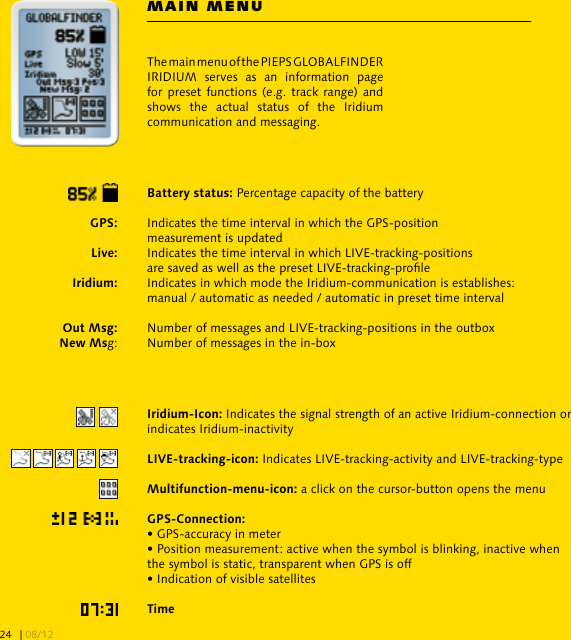 MAIN MENU  Percentage capacity of the battery   Indicates the time interval in which the GPS-position     measurement is updated   Indicates the time interval in which LIVE-tracking-positions     are saved as well as the preset LIVE-tracking-prole    Indicates in which mode the Iridium-communication is establishes:     manual / automatic as needed / automatic in preset time interval   Number of messages and LIVE-tracking-positions in the outbox g:   Number of messages in the in-box Indicates the signal strength of an active Iridium-connection or indicates Iridium-inactivity Indicates LIVE-tracking-activity and LIVE-tracking-type a click on the cursor-button opens the menu• GPS-accuracy in meter• Position measurement: active when the symbol is blinking, inactive when the symbol is static, transparent when GPS is off• Indication of visible satellites TimeThe main menu of the PIEPS GLOBALFINDER IRIDIUM  serves  as  an  information  page for preset functions (e.g.  track range) and shows  the  actual  status  of  the  Iridium communication and messaging. | 08/1224