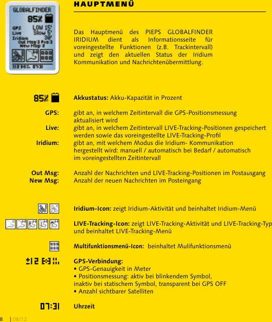 HAUPTMENÜ   Akku-Kapazität in Prozent    gibt an, in welchem Zeitintervall die GPS-Positionsmessung     aktualisiert wird    gibt an, in welchem Zeitintervall LIVE-Tracking-Positionen gespeichert     werden sowie das voreingestellte LIVE-Tracking-Prol    gibt an, mit welchem Modus die Iridium- Kommunikation     hergestellt wird: manuell / automatisch bei Bedarf / automatisch     im voreingestellten Zeitintervall    Anzahl der Nachrichten und LIVE-Tracking-Positionen im Postausgang    Anzahl der neuen Nachrichten im Posteingang zeigt Iridium-Aktivität und beinhaltet Iridium-Menü zeigt LIVE-Tracking-Aktivität und LIVE-Tracking-Typ und beinhaltet LIVE-Tracking-Menü  beinhaltet Mulifunktionsmenü  • GPS-Genauigkeit in Meter• Positionsmessung: aktiv bei blinkendem Symbol,inaktiv bei statischem Symbol, transparent bei GPS OFF• Anzahl sichtbarer SatellitenDas  Hauptmenü  des  PIEPS  GLOBALFINDER IRIDIUM  dient  als  Informationsseite  für voreingestellte  Funktionen  (z.B.  Trackintervall) und  zeigt  den  aktuellen  Status  der  Iridium Kommunikation und Nachrichtenübermittlung.| 08/128