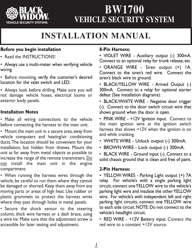 Page 1 of 4 - Black-Widow-Security Black-Widow-Security-Bw1700-Users-Manual- 64-1700 V2  Black-widow-security-bw1700-users-manual