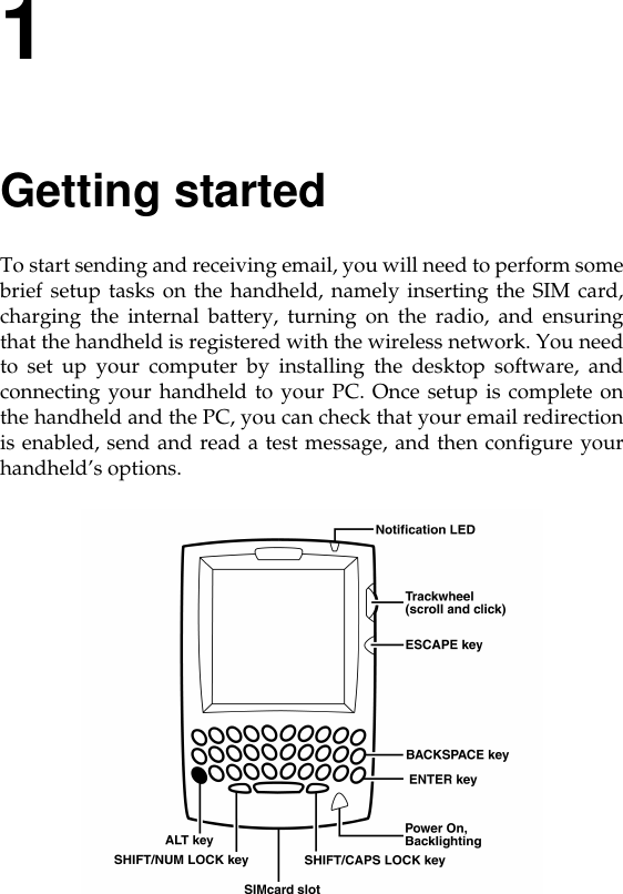 1Getting startedTo start sending and receiving email, you will need to perform somebrief setup tasks on the handheld, namely inserting the SIM card,charging the internal battery, turning on the radio, and ensuringthat the handheld is registered with the wireless network. You needto set up your computer by installing the desktop software, andconnecting your handheld to your PC. Once setup is complete onthe handheld and the PC, you can check that your email redirectionis enabled, send and read a test message, and then configure yourhandheld’s options.