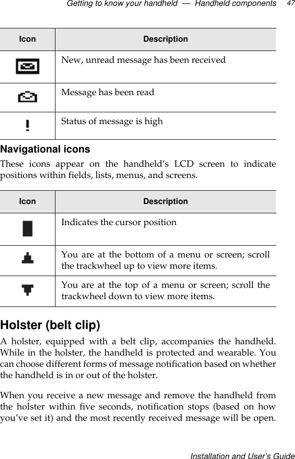 Getting to know your handheld  —  Handheld componentsInstallation and User’s Guide47Navigational iconsThese icons appear on the handheld’s LCD screen to indicatepositions within fields, lists, menus, and screens.Holster (belt clip)A holster, equipped with a belt clip, accompanies the handheld.While in the holster, the handheld is protected and wearable. Youcan choose different forms of message notification based on whetherthe handheld is in or out of the holster. When you receive a new message and remove the handheld fromthe holster within five seconds, notification stops (based on howyou’ve set it) and the most recently received message will be open.New, unread message has been receivedMessage has been readStatus of message is highIcon DescriptionIndicates the cursor positionYou are at the bottom of a menu or screen; scrollthe trackwheel up to view more items.You are at the top of a menu or screen; scroll thetrackwheel down to view more items.Icon Description