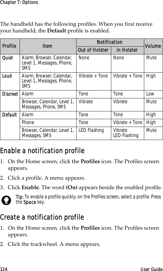 Chapter 7: Options124 User GuideThe handheld has the following profiles. When you first receive your handheld, the Default profile is enabled.Enable a notification profile1. On the Home screen, click the Profiles icon. The Profiles screen appears.2. Click a profile. A menu appears.3. Click Enable. The word (On) appears beside the enabled profile.Create a notification profile1. On the Home screen, click the Profiles icon. The Profiles screen appears. 2. Click the trackwheel. A menu appears. Profile Item Notification VolumeOut of Holster In HolsterQuiet Alarm, Browser, Calendar, Level 1, Messages, Phone, SMSNone None MuteLoud Alarm, Browser, Calendar, Level 1, Messages, Phone, SMSVibrate + Tone Vibrate + Tone HighDiscreet Alarm Tone Tone LowBrowser, Calendar, Level 1, Messages, Phone, SMS Vibrate Vibrate MuteDefault Alarm Tone Tone HighPhone Tone Vibrate + Tone HighBrowser, Calendar, Level 1, Messages, SMS LED Flashing Vibrate         LED Flashing MuteTip: To enable a profile quickly, on the Profiles screen, select a profile. Press the Space key. 