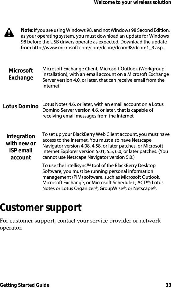 Welcome to your wireless solutionGetting Started Guide 33Customer supportFor customer support, contact your service provider or network operator.Note: If you are using Windows 98, and not Windows 98 Second Edition, as your operating system, you must download an update for Windows 98 before the USB drivers operate as expected. Download the update from http://www.microsoft.com/com/dcom/dcom98/dcom1_3.asp.Microsoft ExchangeMicrosoft Exchange Client, Microsoft Outlook (Workgroup installation), with an email account on a Microsoft Exchange Server version 4.0, or later, that can receive email from the InternetLotus Domino Lotus Notes 4.6, or later, with an email account on a Lotus Domino Server version 4.6, or later, that is capable of receiving email messages from the InternetIntegration with new or ISP email accountTo set up your BlackBerry Web Client account, you must have access to the Internet. You must also have Netscape Navigator version 4.08, 4.58, or later patches, or Microsoft Internet Explorer version 5.01, 5.5, 6.0, or later patches. (You cannot use Netscape Navigator version 5.0.)To use the Intellisync™ tool of the BlackBerry Desktop Software, you must be running personal information management (PIM) software, such as Microsoft Outlook, Microsoft Exchange, or Microsoft Schedule+; ACT!®; Lotus Notes or Lotus Organizer®; GroupWise®; or Netscape®.