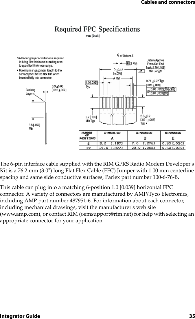 Cables and connectorsIntegrator Guide 35The 6-pin interface cable supplied with the RIM GPRS Radio Modem Developer&apos;s Kit is a 76.2 mm (3.0&quot;) long Flat Flex Cable (FFC) Jumper with 1.00 mm centerline spacing and same side conductive surfaces, Parlex part number 100-6-76-B.This cable can plug into a matching 6-position 1.0 [0.039] horizontal FPC connector. A variety of connectors are manufactured by AMP/Tyco Electronics, including AMP part number 487951-6. For information about each connector, including mechanical drawings, visit the manufacturer&apos;s web site (www.amp.com), or contact RIM (oemsupport@rim.net) for help with selecting an appropriate connector for your application.