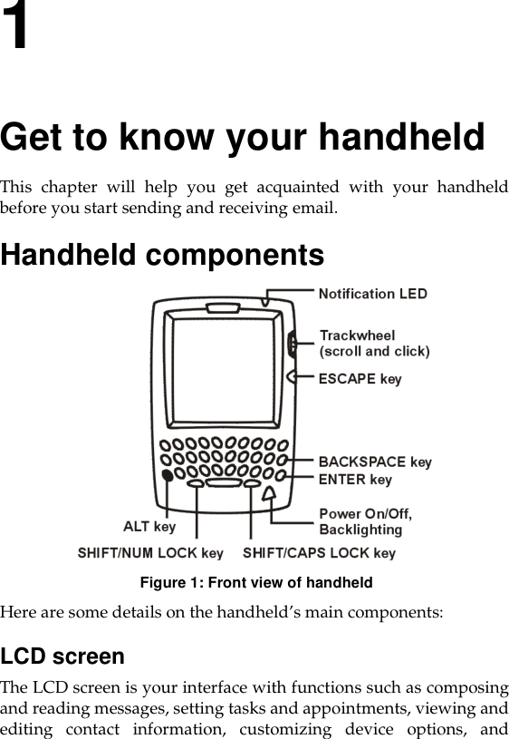 1Get to know your handheldThis chapter will help you get acquainted with your handheldbefore you start sending and receiving email. Handheld components Figure 1: Front view of handheldHere are some details on the handheld’s main components:LCD screenThe LCD screen is your interface with functions such as composingand reading messages, setting tasks and appointments, viewing andediting contact information, customizing device options, and