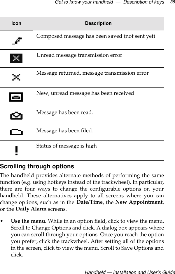 Get to know your handheld  —  Description of keys Handheld — Installation and User’s Guide35Scrolling through optionsThe handheld provides alternate methods of performing the samefunction (e.g. using hotkeys instead of the trackwheel). In particular,there are four ways to change the configurable options on yourhandheld. These alternatives apply to all screens where you canchange options, such as in the Date/Time, the New Appointment,or the Daily Alarm screens.•Use the menu. While in an option field, click to view the menu.Scroll to Change Options and click. A dialog box appears whereyou can scroll through your options. Once you reach the optionyou prefer, click the trackwheel. After setting all of the optionsin the screen, click to view the menu. Scroll to Save Options andclick.Composed message has been saved (not sent yet)Unread message transmission errorMessage returned, message transmission errorNew, unread message has been receivedMessage has been read.Message has been filed.Status of message is highIcon Description