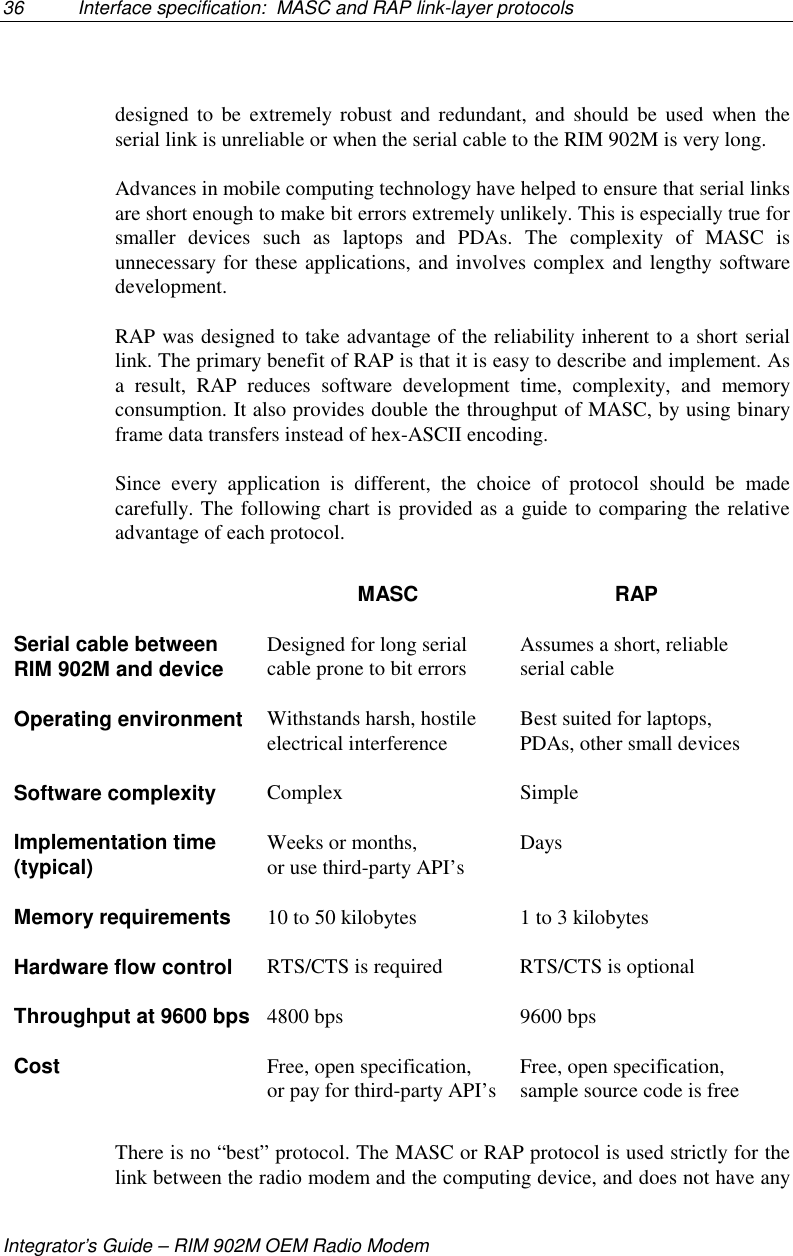 36 Interface specification:  MASC and RAP link-layer protocolsIntegrator’s Guide – RIM 902M OEM Radio Modemdesigned to be extremely robust and redundant, and should be used when theserial link is unreliable or when the serial cable to the RIM 902M is very long.Advances in mobile computing technology have helped to ensure that serial linksare short enough to make bit errors extremely unlikely. This is especially true forsmaller devices such as laptops and PDAs. The complexity of MASC isunnecessary for these applications, and involves complex and lengthy softwaredevelopment.RAP was designed to take advantage of the reliability inherent to a short seriallink. The primary benefit of RAP is that it is easy to describe and implement. Asa result, RAP reduces software development time, complexity, and memoryconsumption. It also provides double the throughput of MASC, by using binaryframe data transfers instead of hex-ASCII encoding.Since every application is different, the choice of protocol should be madecarefully. The following chart is provided as a guide to comparing the relativeadvantage of each protocol.MASC RAPSerial cable betweenRIM 902M and device Designed for long serialcable prone to bit errors Assumes a short, reliableserial cableOperating environment Withstands harsh, hostileelectrical interference Best suited for laptops,PDAs, other small devicesSoftware complexity Complex SimpleImplementation time(typical) Weeks or months,or use third-party API’s DaysMemory requirements 10 to 50 kilobytes 1 to 3 kilobytesHardware flow control RTS/CTS is required RTS/CTS is optionalThroughput at 9600 bps 4800 bps 9600 bpsCost Free, open specification,or pay for third-party API’s Free, open specification,sample source code is freeThere is no “best” protocol. The MASC or RAP protocol is used strictly for thelink between the radio modem and the computing device, and does not have any