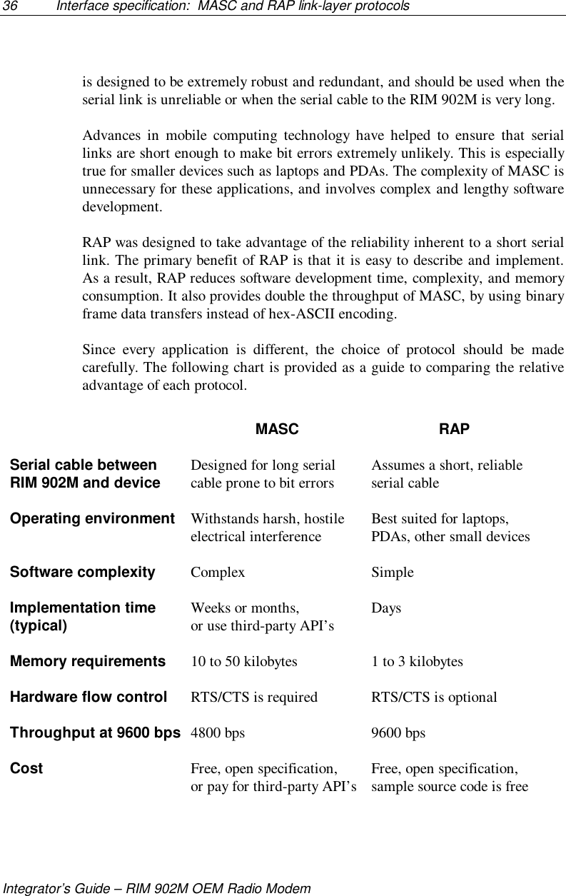 36 Interface specification:  MASC and RAP link-layer protocolsIntegrator’s Guide – RIM 902M OEM Radio Modemis designed to be extremely robust and redundant, and should be used when theserial link is unreliable or when the serial cable to the RIM 902M is very long.Advances in mobile computing technology have helped to ensure that seriallinks are short enough to make bit errors extremely unlikely. This is especiallytrue for smaller devices such as laptops and PDAs. The complexity of MASC isunnecessary for these applications, and involves complex and lengthy softwaredevelopment.RAP was designed to take advantage of the reliability inherent to a short seriallink. The primary benefit of RAP is that it is easy to describe and implement.As a result, RAP reduces software development time, complexity, and memoryconsumption. It also provides double the throughput of MASC, by using binaryframe data transfers instead of hex-ASCII encoding.Since every application is different, the choice of protocol should be madecarefully. The following chart is provided as a guide to comparing the relativeadvantage of each protocol.MASC RAPSerial cable betweenRIM 902M and device Designed for long serialcable prone to bit errors Assumes a short, reliableserial cableOperating environment Withstands harsh, hostileelectrical interference Best suited for laptops,PDAs, other small devicesSoftware complexity Complex SimpleImplementation time(typical) Weeks or months,or use third-party API’s DaysMemory requirements 10 to 50 kilobytes 1 to 3 kilobytesHardware flow control RTS/CTS is required RTS/CTS is optionalThroughput at 9600 bps 4800 bps 9600 bpsCost Free, open specification,or pay for third-party API’s Free, open specification,sample source code is free