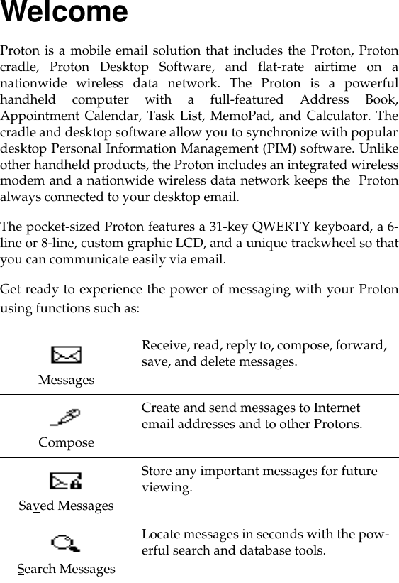 WelcomeProton is a mobile email solution that includes the Proton, Protoncradle, Proton Desktop Software, and flat-rate airtime on anationwide wireless data network. The Proton is a powerfulhandheld computer with a full-featured Address Book,Appointment Calendar, Task List, MemoPad, and Calculator. Thecradle and desktop software allow you to synchronize with populardesktop Personal Information Management (PIM) software. Unlikeother handheld products, the Proton includes an integrated wirelessmodem and a nationwide wireless data network keeps the  Protonalways connected to your desktop email. The pocket-sized Proton features a 31-key QWERTY keyboard, a 6-line or 8-line, custom graphic LCD, and a unique trackwheel so thatyou can communicate easily via email.Get ready to experience the power of messaging with your Protonusing functions such as: MessagesReceive, read, reply to, compose, forward, save, and delete messages.ComposeCreate and send messages to Internet email addresses and to other Protons.Saved MessagesStore any important messages for future viewing.Search MessagesLocate messages in seconds with the pow-erful search and database tools.