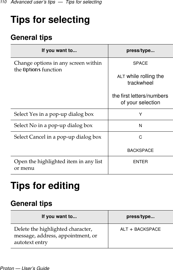 Proton — User’s GuideAdvanced user’s tips  —  Tips for selecting110Tips for selectingGeneral tipsTips for editingGeneral tipsIf you want to... press/type...Change options in any screen within the   function SPACEALT while rolling the trackwheelthe first letters/numbers of your selectionSelect Yes in a pop-up dialog box YSelect No in a pop-up dialog box NSelect Cancel in a pop-up dialog box CBACKSPACEOpen the highlighted item in any list or menu ENTERIf you want to... press/type...Delete the highlighted character, message, address, appointment, or autotext entryALT + BACKSPACE