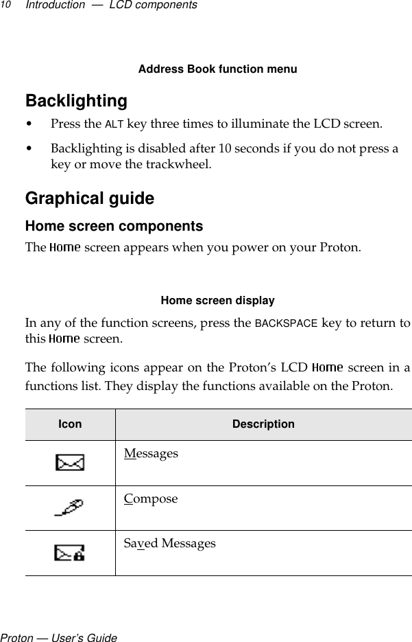 Proton — User’s GuideIntroduction  —  LCD components10Address Book function menuBacklighting• Press the ALT key three times to illuminate the LCD screen.• Backlighting is disabled after 10 seconds if you do not press a key or move the trackwheel.Graphical guideHome screen componentsThe  screen appears when you power on your Proton.Home screen displayIn any of the function screens, press the BACKSPACE key to return tothis   screen.The following icons appear on the Proton’s LCD   screen in afunctions list. They display the functions available on the Proton.Icon DescriptionMessages ComposeSaved Messages