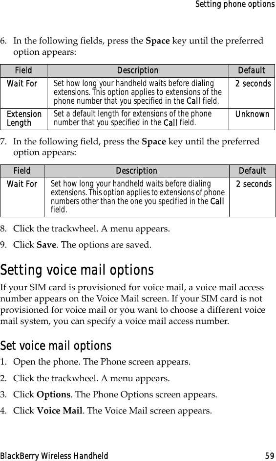 Setting phone optionsBlackBerry Wireless Handheld 596. In the following fields, press the Space key until the preferred option appears:7. In the following field, press the Space key until the preferred option appears:8. Click the trackwheel. A menu appears.9. Click Save. The options are saved.Setting voice mail optionsIf your SIM card is provisioned for voice mail, a voice mail access number appears on the Voice Mail screen. If your SIM card is not provisioned for voice mail or you want to choose a different voice mail system, you can specify a voice mail access number.Set voice mail options1. Open the phone. The Phone screen appears.2. Click the trackwheel. A menu appears. 3. Click Options. The Phone Options screen appears.4. Click Voice Mail. The Voice Mail screen appears. Field Description DefaultWait For Set how long your handheld waits before dialing extensions. This option applies to extensions of the phone number that you specified in the Call field.2 secondsExtension Length Set a default length for extensions of the phone number that you specified in the Call field. UnknownField Description DefaultWait For Set how long your handheld waits before dialing extensions. This option applies to extensions of phone numbers other than the one you specified in the Call field.2 seconds