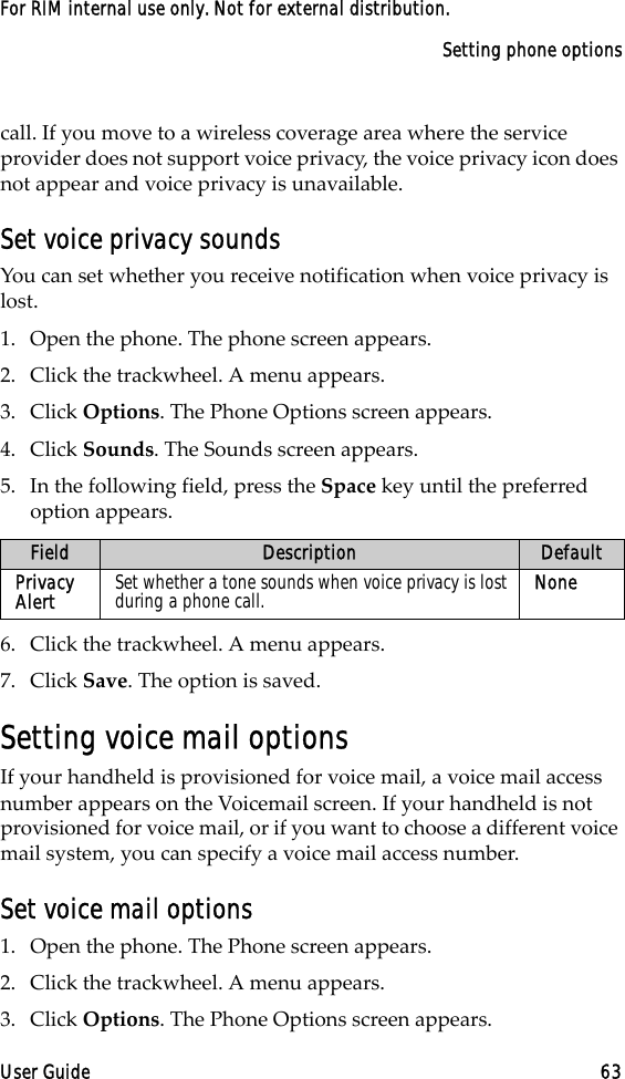 Setting phone optionsUser Guide 63For RIM internal use only. Not for external distribution.call. If you move to a wireless coverage area where the service provider does not support voice privacy, the voice privacy icon does not appear and voice privacy is unavailable.Set voice privacy soundsYou can set whether you receive notification when voice privacy is lost.1. Open the phone. The phone screen appears.2. Click the trackwheel. A menu appears.3. Click Options. The Phone Options screen appears.4. Click Sounds. The Sounds screen appears.5. In the following field, press the Space key until the preferred option appears.6. Click the trackwheel. A menu appears.7. Click Save. The option is saved.Setting voice mail optionsIf your handheld is provisioned for voice mail, a voice mail access number appears on the Voicemail screen. If your handheld is not provisioned for voice mail, or if you want to choose a different voice mail system, you can specify a voice mail access number.Set voice mail options1. Open the phone. The Phone screen appears.2. Click the trackwheel. A menu appears. 3. Click Options. The Phone Options screen appears.Field Description DefaultPrivacy Alert Set whether a tone sounds when voice privacy is lost during a phone call. None