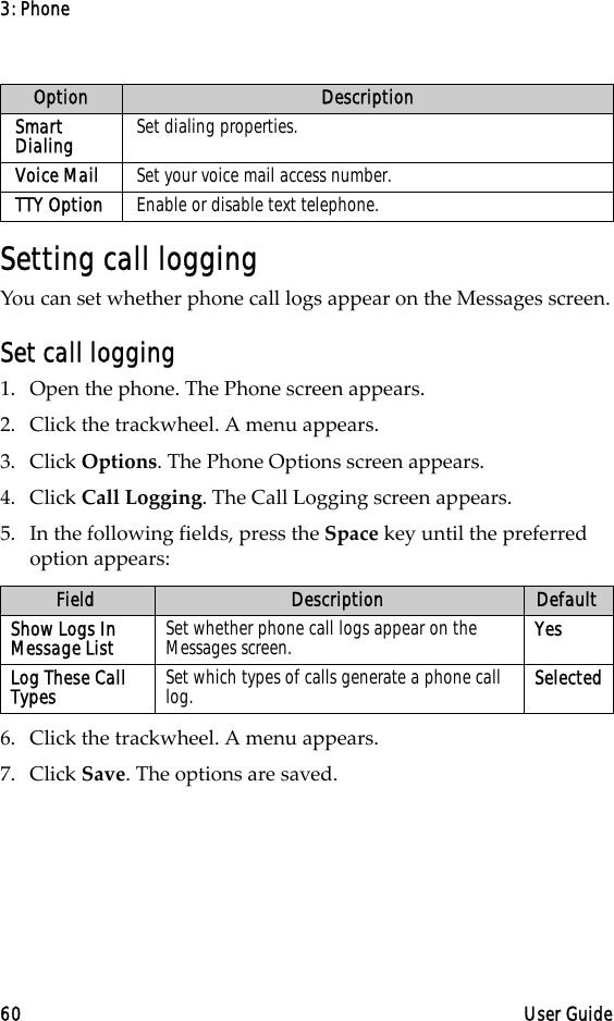 3: Phone60 User GuideSetting call loggingYou can set whether phone call logs appear on the Messages screen.Set call logging1. Open the phone. The Phone screen appears.2. Click the trackwheel. A menu appears.3. Click Options. The Phone Options screen appears.4. Click Call Logging. The Call Logging screen appears.5. In the following fields, press the Space key until the preferred option appears:6. Click the trackwheel. A menu appears. 7. Click Save. The options are saved.Smart Dialing Set dialing properties.Voice Mail Set your voice mail access number.TTY Option Enable or disable text telephone.Field Description DefaultShow Logs In Message List Set whether phone call logs appear on the Messages screen. YesLog These Call Types Set which types of calls generate a phone call log. SelectedOption Description