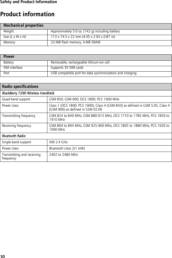 10Safety and Product InformationProduct informationMechanical propertiesWeight Approximately 5.0 oz. (142 g) including batterySize (L x W x H) 113 x 74.5 x 22 mm (4.45 x 2.93 x 0.87 in)Memory 32-MB flash memory, 4-MB SRAMPowerBattery Removable, rechargeable lithium-ion cellSIM interface Supports 3V SIM cardsPort USB compatible port for data synchronization and chargingRadio specificationsBlackBerry 7290 Wireless Handheld Quad-band support GSM 850, GSM 900, DCS 1800, PCS 1900 MHzPower class Class 1 (DCS 1800, PCS 1900), Class 4 (GSM 850) as defined in GSM 5.05, Class 4 (GSM 900) as defined in GSM 02.06Transmitting frequency GSM 824 to 849 MHz, GSM 880-915 MHz, DCS 1710 to 1785 MHz, PCS 1850 to 1910 MHzReceiving frequency GSM 869 to 894 MHz, GSM 925-960 MHz, DCS 1805 to 1880 MHz, PCS 1930 to 1990 MHzBluetooth RadioSingle-band support ISM 2.4 GHzPower class Bluetooth class 2(1 mW)Transmitting and receiving frequency 2402 to 2480 MHz