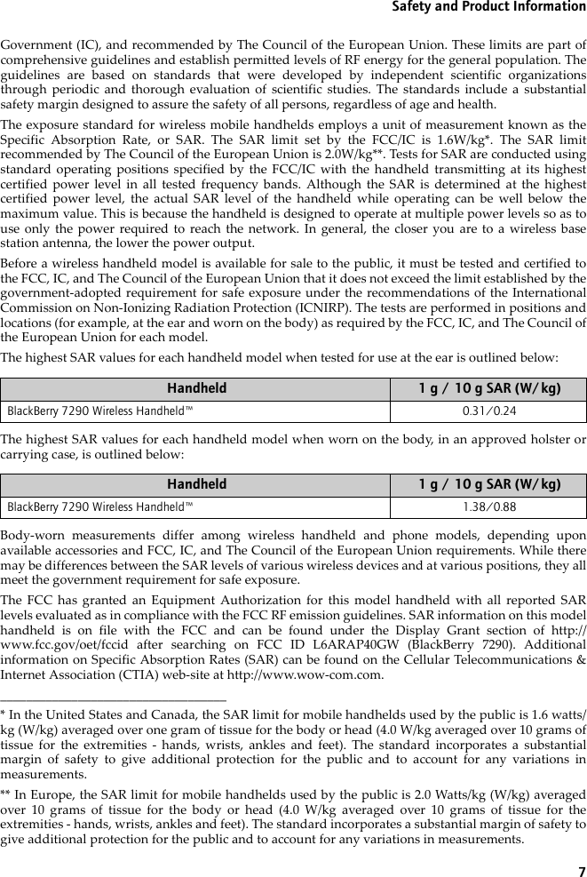 7Safety and Product InformationGovernment (IC), and recommended by The Council of the European Union. These limits are part ofcomprehensive guidelines and establish permitted levels of RF energy for the general population. Theguidelines are based on standards that were developed by independent scientific organizationsthrough periodic and thorough evaluation of scientific studies. The standards include a substantialsafety margin designed to assure the safety of all persons, regardless of age and health.The exposure standard for wireless mobile handhelds employs a unit of measurement known as theSpecific Absorption Rate, or SAR. The SAR limit set by the FCC/IC is 1.6W/kg*. The SAR limitrecommended by The Council of the European Union is 2.0W/kg**. Tests for SAR are conducted usingstandard operating positions specified by the FCC/IC with the handheld transmitting at its highestcertified power level in all tested frequency bands. Although the SAR is determined at the highestcertified power level, the actual SAR level of the handheld while operating can be well below themaximum value. This is because the handheld is designed to operate at multiple power levels so as touse only the power required to reach the network. In general, the closer you are to a wireless basestation antenna, the lower the power output.Before a wireless handheld model is available for sale to the public, it must be tested and certified tothe FCC, IC, and The Council of the European Union that it does not exceed the limit established by thegovernment-adopted requirement for safe exposure under the recommendations of the InternationalCommission on Non-Ionizing Radiation Protection (ICNIRP). The tests are performed in positions andlocations (for example, at the ear and worn on the body) as required by the FCC, IC, and The Council ofthe European Union for each model. The highest SAR values for each handheld model when tested for use at the ear is outlined below:The highest SAR values for each handheld model when worn on the body, in an approved holster orcarrying case, is outlined below:Body-worn measurements differ among wireless handheld and phone models, depending uponavailable accessories and FCC, IC, and The Council of the European Union requirements. While theremay be differences between the SAR levels of various wireless devices and at various positions, they allmeet the government requirement for safe exposure.The FCC has granted an Equipment Authorization for this model handheld with all reported SARlevels evaluated as in compliance with the FCC RF emission guidelines. SAR information on this modelhandheld is on file with the FCC and can be found under the Display Grant section of http://www.fcc.gov/oet/fccid after searching on FCC ID L6ARAP40GW (BlackBerry 7290). Additionalinformation on Specific Absorption Rates (SAR) can be found on the Cellular Telecommunications &amp;Internet Association (CTIA) web-site at http://www.wow-com.com.___________________________________* In the United States and Canada, the SAR limit for mobile handhelds used by the public is 1.6 watts/kg (W/kg) averaged over one gram of tissue for the body or head (4.0 W/kg averaged over 10 grams oftissue for the extremities - hands, wrists, ankles and feet). The standard incorporates a substantialmargin of safety to give additional protection for the public and to account for any variations inmeasurements.** In Europe, the SAR limit for mobile handhelds used by the public is 2.0 Watts/kg (W/kg) averagedover 10 grams of tissue for the body or head (4.0 W/kg averaged over 10 grams of tissue for theextremities - hands, wrists, ankles and feet). The standard incorporates a substantial margin of safety togive additional protection for the public and to account for any variations in measurements.Handheld 1 g / 10 g SAR (W/kg)BlackBerry 7290 Wireless Handheld™ 0.31/0.24Handheld 1 g / 10 g SAR (W/kg)BlackBerry 7290 Wireless Handheld™ 1.38/0.88