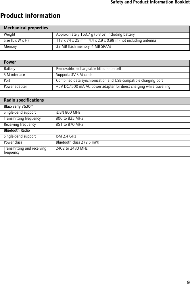 9Safety and Product Information BookletProduct informationMechanical propertiesWeight Approximately 163.7 g (5.8 oz) including batterySize (L x W x H) 113 x 74 x 25 mm (4.4 x 2.9 x 0.98 in) not including antennaMemory 32 MB flash memory, 4 MB SRAMPowerBattery Removable, rechargeable lithium-ion cellSIM interface Supports 3V SIM cardsPort Combined data synchronization and USB-compatible charging portPower adapter +5V DC/500 mA AC power adapter for direct charging while travellingRadio specificationsBlackBerry 7520™Single-band support iDEN 800 MHzTransmitting frequency 806 to 825 MHzReceiving frequency 851 to 870 MHzBluetooth RadioSingle-band support ISM 2.4 GHzPower class Bluetooth class 2 (2.5 mW)Transmitting and receiving frequency 2402 to 2480 MHz