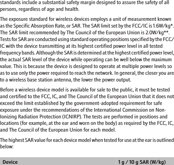 standards include a substantial safety margin designed to assure the safety of allpersons, regardless of age and health.The exposure standard for wireless devices employs a unit of measurement knownas the Specific Absorption Rate, or SAR. The SAR limit set by the FCC/IC is 1.6W/kg*.The SAR limit recommended by The Council of the European Union is 2.0W/kg**.Tests for SAR are conducted using standard operating positions specified by the FCC/IC with the device transmitting at its highest certified power level in all testedfrequency bands. Although the SAR is determined at the highest certified power level,the actual SAR level of the device while operating can be well below the maximumvalue. This is because the device is designed to operate at multiple power levels soas to use only the power required to reach the network. In general, the closer you areto a wireless base station antenna, the lower the power output.Before a wireless device model is available for sale to the public, it must be testedand certified to the FCC, IC, and The Council of the European Union that it does notexceed the limit established by the government-adopted requirement for safeexposure under the recommendations of the International Commission on Non-Ionizing Radiation Protection (ICNIRP). The tests are performed in positions andlocations (for example, at the ear and worn on the body) as required by the FCC, IC,and The Council of the European Union for each model.The highest SAR value for each device model when tested for use at the ear is outlinedbelow:Device 1 g / 10 g SAR (W/kg)18