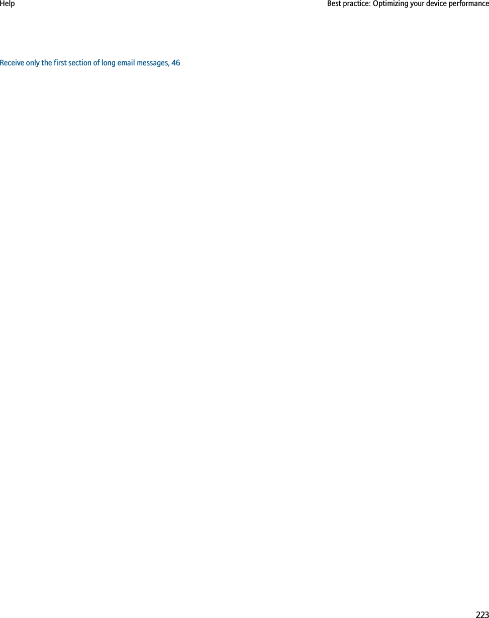 Receive only the first section of long email messages, 46Help Best practice: Optimizing your device performance223