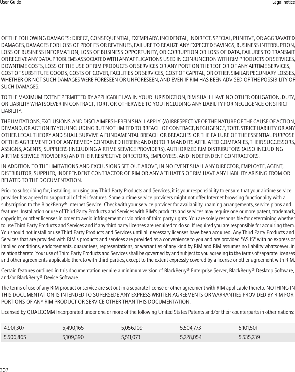 OF THE FOLLOWING DAMAGES: DIRECT, CONSEQUENTIAL, EXEMPLARY, INCIDENTAL, INDIRECT, SPECIAL, PUNITIVE, OR AGGRAVATEDDAMAGES, DAMAGES FOR LOSS OF PROFITS OR REVENUES, FAILURE TO REALIZE ANY EXPECTED SAVINGS, BUSINESS INTERRUPTION,LOSS OF BUSINESS INFORMATION, LOSS OF BUSINESS OPPORTUNITY, OR CORRUPTION OR LOSS OF DATA, FAILURES TO TRANSMITOR RECEIVE ANY DATA, PROBLEMS ASSOCIATED WITH ANY APPLICATIONS USED IN CONJUNCTION WITH RIM PRODUCTS OR SERVICES,DOWNTIME COSTS, LOSS OF THE USE OF RIM PRODUCTS OR SERVICES OR ANY PORTION THEREOF OR OF ANY AIRTIME SERVICES,COST OF SUBSTITUTE GOODS, COSTS OF COVER, FACILITIES OR SERVICES, COST OF CAPITAL, OR OTHER SIMILAR PECUNIARY LOSSES,WHETHER OR NOT SUCH DAMAGES WERE FORESEEN OR UNFORESEEN, AND EVEN IF RIM HAS BEEN ADVISED OF THE POSSIBILITY OFSUCH DAMAGES.TO THE MAXIMUM EXTENT PERMITTED BY APPLICABLE LAW IN YOUR JURISDICTION, RIM SHALL HAVE NO OTHER OBLIGATION, DUTY,OR LIABILITY WHATSOEVER IN CONTRACT, TORT, OR OTHERWISE TO YOU INCLUDING ANY LIABILITY FOR NEGLIGENCE OR STRICTLIABILITY.THE LIMITATIONS, EXCLUSIONS, AND DISCLAIMERS HEREIN SHALL APPLY: (A) IRRESPECTIVE OF THE NATURE OF THE CAUSE OF ACTION,DEMAND, OR ACTION BY YOU INCLUDING BUT NOT LIMITED TO BREACH OF CONTRACT, NEGLIGENCE, TORT, STRICT LIABILITY OR ANYOTHER LEGAL THEORY AND SHALL SURVIVE A FUNDAMENTAL BREACH OR BREACHES OR THE FAILURE OF THE ESSENTIAL PURPOSEOF THIS AGREEMENT OR OF ANY REMEDY CONTAINED HEREIN; AND (B) TO RIM AND ITS AFFILIATED COMPANIES, THEIR SUCCESSORS,ASSIGNS, AGENTS, SUPPLIERS (INCLUDING AIRTIME SERVICE PROVIDERS), AUTHORIZED RIM DISTRIBUTORS (ALSO INCLUDINGAIRTIME SERVICE PROVIDERS) AND THEIR RESPECTIVE DIRECTORS, EMPLOYEES, AND INDEPENDENT CONTRACTORS.IN ADDITION TO THE LIMITATIONS AND EXCLUSIONS SET OUT ABOVE, IN NO EVENT SHALL ANY DIRECTOR, EMPLOYEE, AGENT,DISTRIBUTOR, SUPPLIER, INDEPENDENT CONTRACTOR OF RIM OR ANY AFFILIATES OF RIM HAVE ANY LIABILITY ARISING FROM ORRELATED TO THE DOCUMENTATION.Prior to subscribing for, installing, or using any Third Party Products and Services, it is your responsibility to ensure that your airtime serviceprovider has agreed to support all of their features. Some airtime service providers might not offer Internet browsing functionality with asubscription to the BlackBerry® Internet Service. Check with your service provider for availability, roaming arrangements, service plans andfeatures. Installation or use of Third Party Products and Services with RIM&apos;s products and services may require one or more patent, trademark,copyright, or other licenses in order to avoid infringement or violation of third party rights. You are solely responsible for determining whetherto use Third Party Products and Services and if any third party licenses are required to do so. If required you are responsible for acquiring them.You should not install or use Third Party Products and Services until all necessary licenses have been acquired. Any Third Party Products andServices that are provided with RIM&apos;s products and services are provided as a convenience to you and are provided &quot;AS IS&quot; with no express orimplied conditions, endorsements, guarantees, representations, or warranties of any kind by RIM and RIM assumes no liability whatsoever, inrelation thereto. Your use of Third Party Products and Services shall be governed by and subject to you agreeing to the terms of separate licensesand other agreements applicable thereto with third parties, except to the extent expressly covered by a license or other agreement with RIM.Certain features outlined in this documentation require a minimum version of BlackBerry® Enterprise Server, BlackBerry® Desktop Software,and/or BlackBerry® Device Software.The terms of use of any RIM product or service are set out in a separate license or other agreement with RIM applicable thereto. NOTHING INTHIS DOCUMENTATION IS INTENDED TO SUPERSEDE ANY EXPRESS WRITTEN AGREEMENTS OR WARRANTIES PROVIDED BY RIM FORPORTIONS OF ANY RIM PRODUCT OR SERVICE OTHER THAN THIS DOCUMENTATION.Licensed by QUALCOMM Incorporated under one or more of the following United States Patents and/or their counterparts in other nations:4,901,307 5,490,165 5,056,109 5,504,773 5,101,5015,506,865 5,109,390 5,511,073 5,228,054 5,535,239User Guide Legal notice302