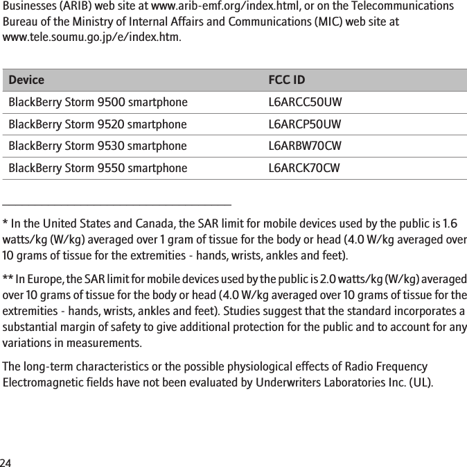 Businesses (ARIB) web site at www.arib-emf.org/index.html, or on the TelecommunicationsBureau of the Ministry of Internal Affairs and Communications (MIC) web site atwww.tele.soumu.go.jp/e/index.htm.Device FCC IDBlackBerry Storm 9500 smartphone L6ARCC50UWBlackBerry Storm 9520 smartphone L6ARCP50UWBlackBerry Storm 9530 smartphone L6ARBW70CWBlackBerry Storm 9550 smartphone L6ARCK70CW___________________________________* In the United States and Canada, the SAR limit for mobile devices used by the public is 1.6watts/kg (W/kg) averaged over 1 gram of tissue for the body or head (4.0 W/kg averaged over10 grams of tissue for the extremities - hands, wrists, ankles and feet).** In Europe, the SAR limit for mobile devices used by the public is 2.0 watts/kg (W/kg) averagedover 10 grams of tissue for the body or head (4.0 W/kg averaged over 10 grams of tissue for theextremities - hands, wrists, ankles and feet). Studies suggest that the standard incorporates asubstantial margin of safety to give additional protection for the public and to account for anyvariations in measurements.The long-term characteristics or the possible physiological effects of Radio FrequencyElectromagnetic fields have not been evaluated by Underwriters Laboratories Inc. (UL).24
