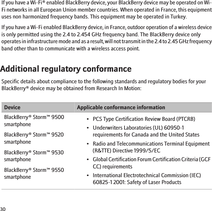 If you have a Wi-Fi® enabled BlackBerry device, your BlackBerry device may be operated on Wi-Fi networks in all European Union member countries. When operated in France, this equipmentuses non harmonized frequency bands. This equipment may be operated in Turkey.If you have a Wi-Fi enabled BlackBerry device, in France, outdoor operation of a wireless deviceis only permitted using the 2.4 to 2.454 GHz frequency band. The BlackBerry device onlyoperates in infrastructure mode and as a result, will not transmit in the 2.4 to 2.45 GHz frequencyband other than to communicate with a wireless access point.Additional regulatory conformanceSpecific details about compliance to the following standards and regulatory bodies for yourBlackBerry® device may be obtained from Research In Motion:Device Applicable conformance informationBlackBerry® Storm™ 9500smartphoneBlackBerry® Storm™ 9520smartphoneBlackBerry® Storm™ 9530smartphoneBlackBerry® Storm™ 9550smartphone• PCS Type Certification Review Board (PTCRB)• Underwriters Laboratories (UL) 60950-1requirements for Canada and the United States• Radio and Telecommunications Terminal Equipment(R&amp;TTE) Directive 1999/5/EC•Global Certification Forum Certification Criteria (GCFCC) requirements• International Electrotechnical Commission (IEC)60825-1 2001: Safety of Laser Products30