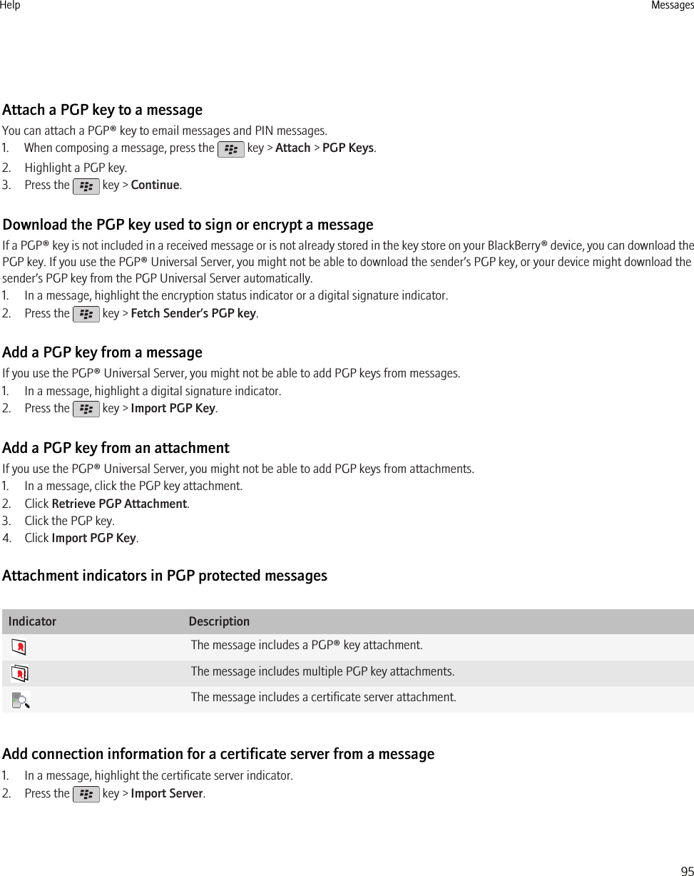 Attach a PGP key to a messageYou can attach a PGP® key to email messages and PIN messages.1. When composing a message, press the   key &gt; Attach &gt; PGP Keys.2. Highlight a PGP key.3. Press the   key &gt; Continue.Download the PGP key used to sign or encrypt a messageIf a PGP® key is not included in a received message or is not already stored in the key store on your BlackBerry® device, you can download thePGP key. If you use the PGP® Universal Server, you might not be able to download the sender’s PGP key, or your device might download thesender’s PGP key from the PGP Universal Server automatically.1. In a message, highlight the encryption status indicator or a digital signature indicator.2. Press the   key &gt; Fetch Sender’s PGP key.Add a PGP key from a messageIf you use the PGP® Universal Server, you might not be able to add PGP keys from messages.1. In a message, highlight a digital signature indicator.2. Press the   key &gt; Import PGP Key.Add a PGP key from an attachmentIf you use the PGP® Universal Server, you might not be able to add PGP keys from attachments.1. In a message, click the PGP key attachment.2. Click Retrieve PGP Attachment.3. Click the PGP key.4. Click Import PGP Key.Attachment indicators in PGP protected messagesIndicator DescriptionThe message includes a PGP® key attachment.The message includes multiple PGP key attachments.The message includes a certificate server attachment.Add connection information for a certificate server from a message1. In a message, highlight the certificate server indicator.2. Press the   key &gt; Import Server.Help Messages95
