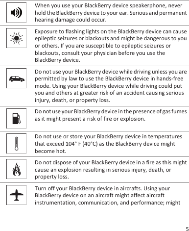 When you use your BlackBerry device speakerphone, neverhold the BlackBerry device to your ear. Serious and permanenthearing damage could occur.Exposure to flashing lights on the BlackBerry device can causeepileptic seizures or blackouts and might be dangerous to youor others. If you are susceptible to epileptic seizures orblackouts, consult your physician before you use theBlackBerry device.Do not use your BlackBerry device while driving unless you arepermitted by law to use the BlackBerry device in hands-freemode. Using your BlackBerry device while driving could putyou and others at greater risk of an accident causing seriousinjury, death, or property loss.Do not use your BlackBerry device in the presence of gas fumesas it might present a risk of fire or explosion.Do not use or store your BlackBerry device in temperaturesthat exceed 104° F (40°C) as the BlackBerry device mightbecome hot.Do not dispose of your BlackBerry device in a fire as this mightcause an explosion resulting in serious injury, death, orproperty loss.Turn off your BlackBerry device in aircrafts. Using yourBlackBerry device on an aircraft might affect aircraftinstrumentation, communication, and performance; might5