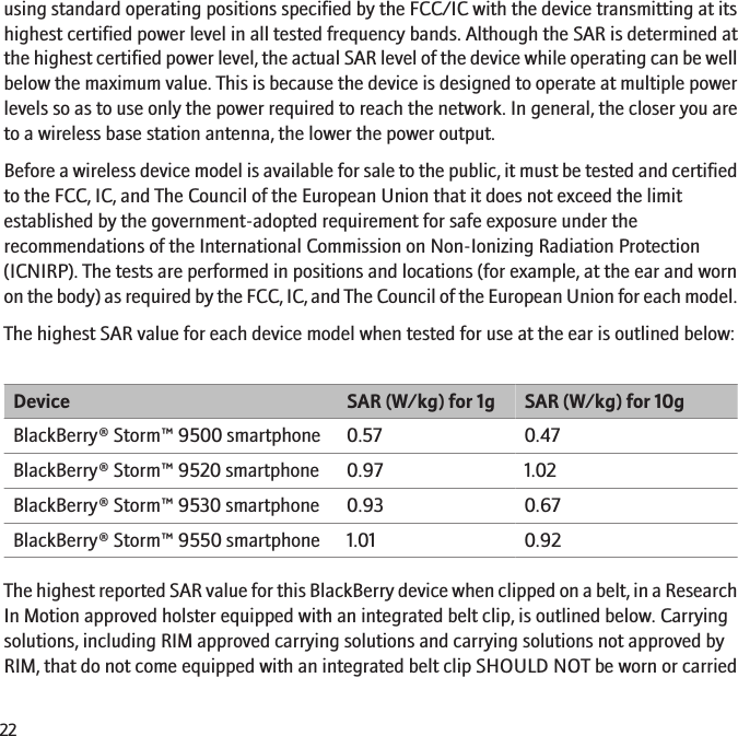 using standard operating positions specified by the FCC/IC with the device transmitting at itshighest certified power level in all tested frequency bands. Although the SAR is determined atthe highest certified power level, the actual SAR level of the device while operating can be wellbelow the maximum value. This is because the device is designed to operate at multiple powerlevels so as to use only the power required to reach the network. In general, the closer you areto a wireless base station antenna, the lower the power output.Before a wireless device model is available for sale to the public, it must be tested and certifiedto the FCC, IC, and The Council of the European Union that it does not exceed the limitestablished by the government-adopted requirement for safe exposure under therecommendations of the International Commission on Non-Ionizing Radiation Protection(ICNIRP). The tests are performed in positions and locations (for example, at the ear and wornon the body) as required by the FCC, IC, and The Council of the European Union for each model.The highest SAR value for each device model when tested for use at the ear is outlined below:Device SAR (W/kg) for 1g SAR (W/kg) for 10gBlackBerry® Storm™ 9500 smartphone 0.57 0.47BlackBerry® Storm™ 9520 smartphone 0.97 1.02 BlackBerry® Storm™ 9530 smartphone 0.93 0.67BlackBerry® Storm™ 9550 smartphone 1.01 0.92The highest reported SAR value for this BlackBerry device when clipped on a belt, in a ResearchIn Motion approved holster equipped with an integrated belt clip, is outlined below. Carryingsolutions, including RIM approved carrying solutions and carrying solutions not approved byRIM, that do not come equipped with an integrated belt clip SHOULD NOT be worn or carried22
