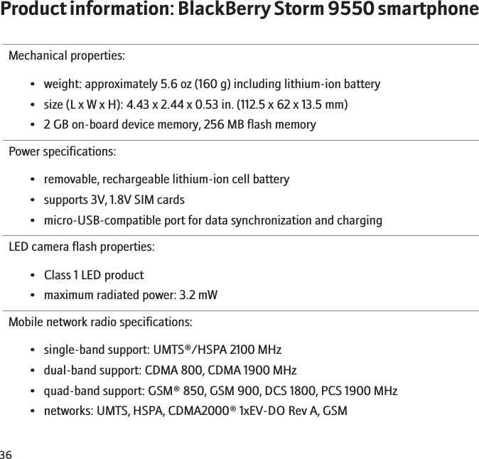 Product information: BlackBerry Storm 9550 smartphoneMechanical properties:• weight: approximately 5.6 oz (160 g) including lithium-ion battery• size (L x W x H): 4.43 x 2.44 x 0.53 in. (112.5 x 62 x 13.5 mm)• 2 GB on-board device memory, 256 MB flash memoryPower specifications:• removable, rechargeable lithium-ion cell battery• supports 3V, 1.8V SIM cards• micro-USB-compatible port for data synchronization and chargingLED camera flash properties:• Class 1 LED product• maximum radiated power: 3.2 mWMobile network radio specifications:• single-band support: UMTS®/HSPA 2100 MHz• dual-band support: CDMA 800, CDMA 1900 MHz• quad-band support: GSM® 850, GSM 900, DCS 1800, PCS 1900 MHz• networks: UMTS, HSPA, CDMA2000® 1xEV-DO Rev A, GSM36