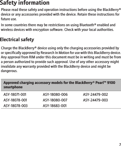 Safety informationPlease read these safety and operation instructions before using the BlackBerry®device or any accessories provided with the device. Retain these instructions forfuture use.In some countries there may be restrictions on using Bluetooth® enabled andwireless devices with encryption software. Check with your local authorities.Electrical safetyCharge the BlackBerry® device using only the charging accessories provided byor specifically approved by Research In Motion for use with this BlackBerry device.Any approval from RIM under this document must be in writing and must be froma person authorized to provide such approval. Use of any other accessory mightinvalidate any warranty provided with the BlackBerry device and might bedangerous.Approved charging accessory models for the BlackBerry® Pearl™ 9100smartphoneASY-18071-001ASY-18078-001ASY-18078-003ASY-18080-006ASY-18080-007ASY-18683-001ASY-24479-002ASY-24479-0037
