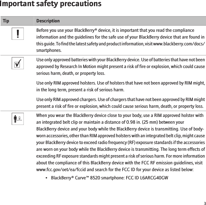 Important safety precautionsTip DescriptionBefore you use your BlackBerry® device, it is important that you read the complianceinformation and the guidelines for the safe use of your BlackBerry device that are found inthis guide. To find the latest safety and product information, visit www.blackberry.com/docs/smartphones.Use only approved batteries with your BlackBerry device. Use of batteries that have not beenapproved by Research In Motion might present a risk of fire or explosion, which could causeserious harm, death, or property loss.Use only RIM approved holsters. Use of holsters that have not been approved by RIM might,in the long term, present a risk of serious harm.Use only RIM approved chargers. Use of chargers that have not been approved by RIM mightpresent a risk of fire or explosion, which could cause serious harm, death, or property loss.When you wear the BlackBerry device close to your body, use a RIM approved holster withan integrated belt clip or maintain a distance of 0.98 in. (25 mm) between yourBlackBerry device and your body while the BlackBerry device is transmitting. Use of body-worn accessories, other than RIM approved holsters with an integrated belt clip, might causeyour BlackBerry device to exceed radio frequency (RF) exposure standards if the accessoriesare worn on your body while the BlackBerry device is transmitting. The long term effects ofexceeding RF exposure standards might present a risk of serious harm. For more informationabout the compliance of this BlackBerry device with the FCC RF emission guidelines, visitwww.fcc.gov/oet/ea/fccid and search for the FCC ID for your device as listed below:• BlackBerry® Curve™ 8520 smartphone: FCC ID L6ARCG40GW3